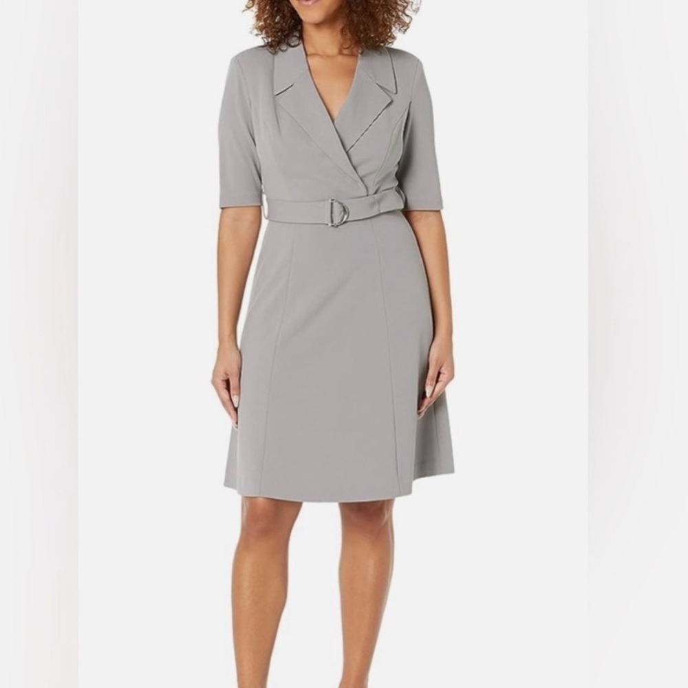 Gray Calvin Klein Belted A-line Dress with Collar